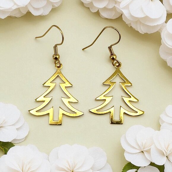Christmas Tree Cut-out Earrings 24KT Gold Plated Pine Trees Gold Plated Hooks - Picture 4 of 10